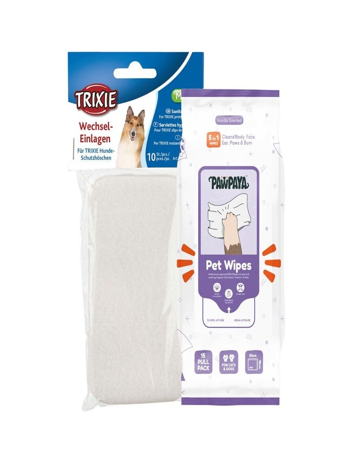 Trixie Combo of Trixie Protective Pants Pads for Dogs (Medium, 10pcs) and Pawpaya Everyday Pet Wipes (15 Pulls) | Ideal for House Training, Hygiene & Daily Cleaning | Safe, Gentle & Convenient Pet Care Kit - Image 1